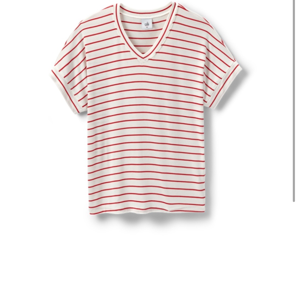 Cabi Red Striped V-Neck Cookout Tee #640